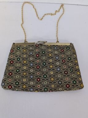 Vintage  Multicolor  Evening Bag with Gold Chain And Gold Thread
